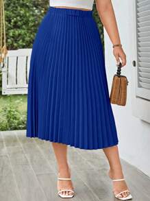 SHEIN LUNE 大碼素色百褶半身裙 - 寶藍色 - 查看 1