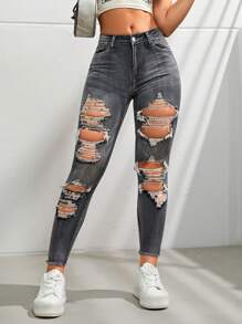 SHEIN Coolane 破洞鏤空緊身牛仔褲 - 深灰色 - 查看 4