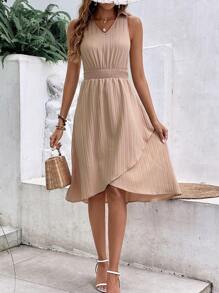 SHEIN Frenchy Chất rắn Không tay Váy chữ A - Màu be - Xem 5