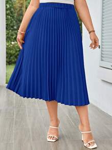 SHEIN LUNE 大碼素色百褶半身裙 - 寶藍色 - 查看 3