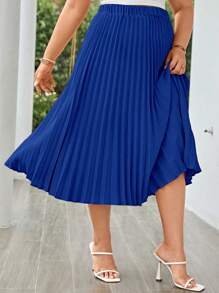 SHEIN LUNE 大碼素色百褶半身裙 - 寶藍色 - 查看 4