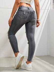 SHEIN Coolane 破洞鏤空緊身牛仔褲 - 深灰色 - 查看 3