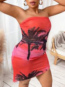 SHEIN SXY 大碼椰子樹圖案側收褶抹胸緊身連衣裙 - 粉色 - 查看 4