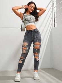 SHEIN Coolane 破洞鏤空緊身牛仔褲 - 深灰色 - 查看 6