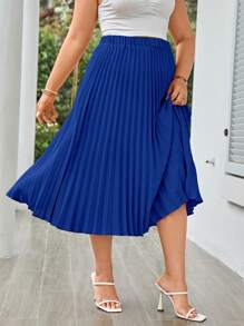 SHEIN LUNE 大碼素色百褶半身裙 - 寶藍色 - 查看 7
