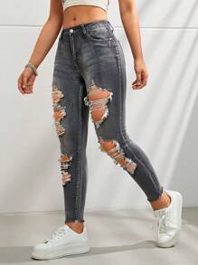 SHEIN Coolane 破洞鏤空緊身牛仔褲 - 深灰色 - 查看 2