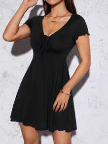 SHEIN PETITE Lettuce Trim Drawstring Knot Front Summer Women Outfit Black Dress,Summer Dresses For Women,Business Casual Woman