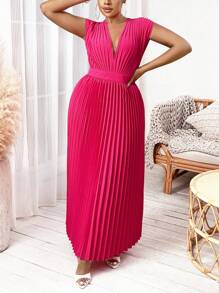 Slaydiva 大碼深V領百褶下擺連衣裙 - 玫紅色 - 查看 4