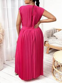 Slaydiva 大碼深V領百褶下擺連衣裙 - 玫紅色 - 查看 2