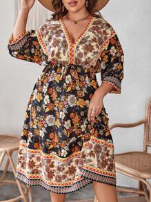 SHEIN Unity Plus Floral Print Drop Shoulder Dress - Black - View 1