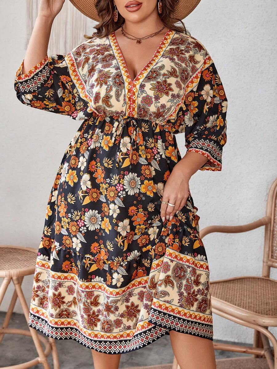 SHEIN Unity Plus Floral Print Drop Shoulder Dress - Black - View 1