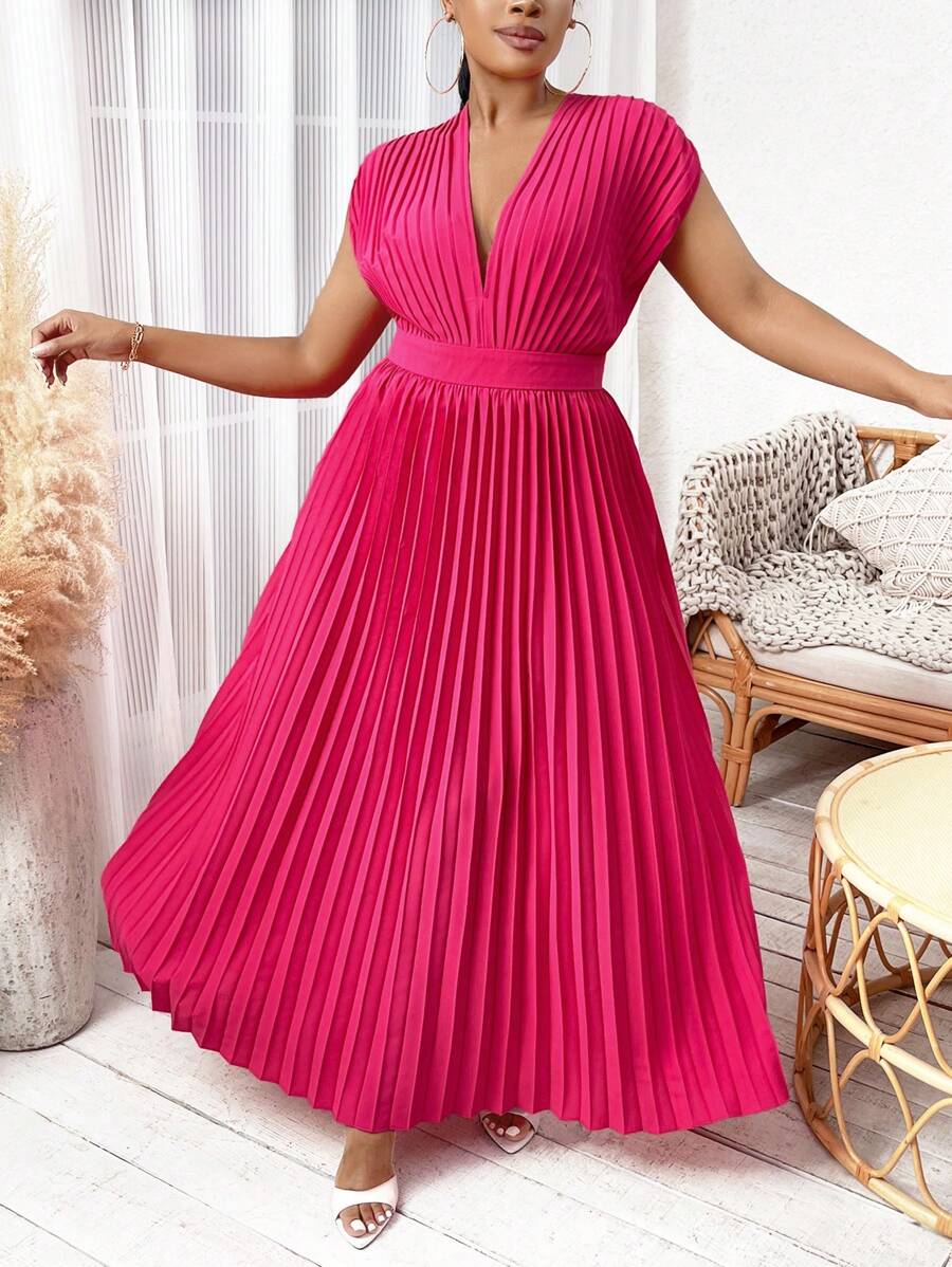 Slaydiva 大碼深V領百褶下擺連衣裙 - 玫紅色 - 查看 1