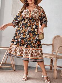 SHEIN Unity Plus Floral Print Drop Shoulder Dress - Black - View 4