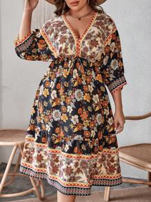 SHEIN Unity Plus Floral Print Drop Shoulder Dress - Black - View 5