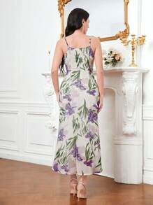 Modelyn Floral Print Draped Collar Cami Dress - Purple - View 2