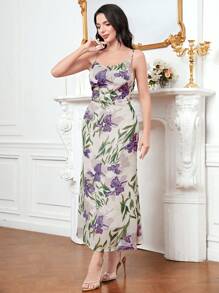 Modelyn Floral Print Draped Collar Cami Dress - Purple - View 4