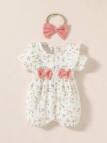 Souflis Souflis Newborn Baby Girl Ditsy Floral Bow Front Ruffle Trim Romper - White - View 1