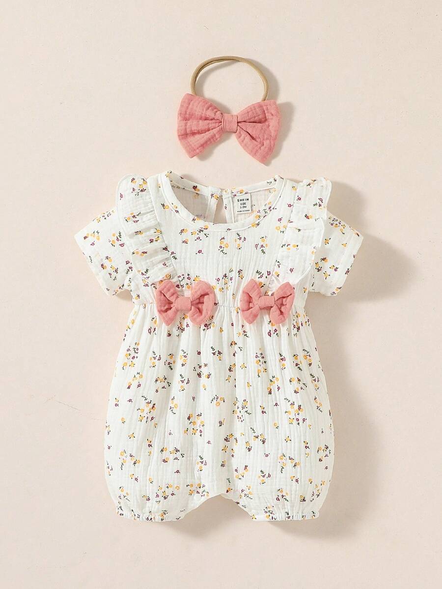 Souflis Souflis Newborn Baby Girl Ditsy Floral Bow Front Ruffle Trim Romper - White - View 1