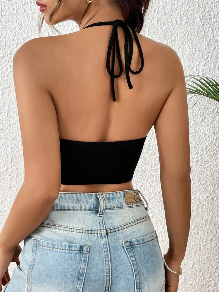 SHEIN VCAY חיתוך טוויסט קדמי קשירה ללא גב טופ קולר קצר - שחור - ראה 2