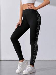 SHEIN Tall Rhinestone Floral Pattern Leggings