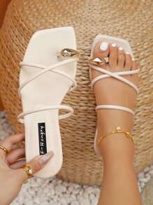 女士金属装饰交叉绑带平底凉鞋，时尚夏季人字拖 - 米色 - 查看 6