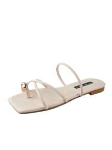 女士金属装饰交叉绑带平底凉鞋，时尚夏季人字拖 - 米色 - 查看 9