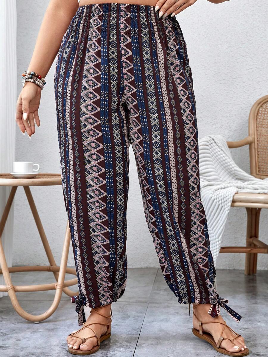 SHEIN VCAY 大碼幾何印花下擺打結長褲 - 彩色 - 查看 1