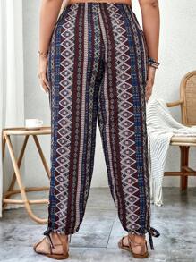 SHEIN VCAY 大碼幾何印花下擺打結長褲 - 彩色 - 查看 2