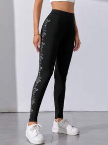 SHEIN Tall Rhinestone Floral Pattern Leggings
