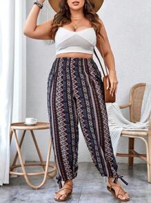 SHEIN VCAY 大碼幾何印花下擺打結長褲 - 彩色 - 查看 3