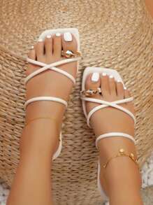 女士金属装饰交叉绑带平底凉鞋，时尚夏季人字拖 - 米色 - 查看 2