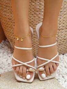 女士金属装饰交叉绑带平底凉鞋，时尚夏季人字拖 - 米色 - 查看 3