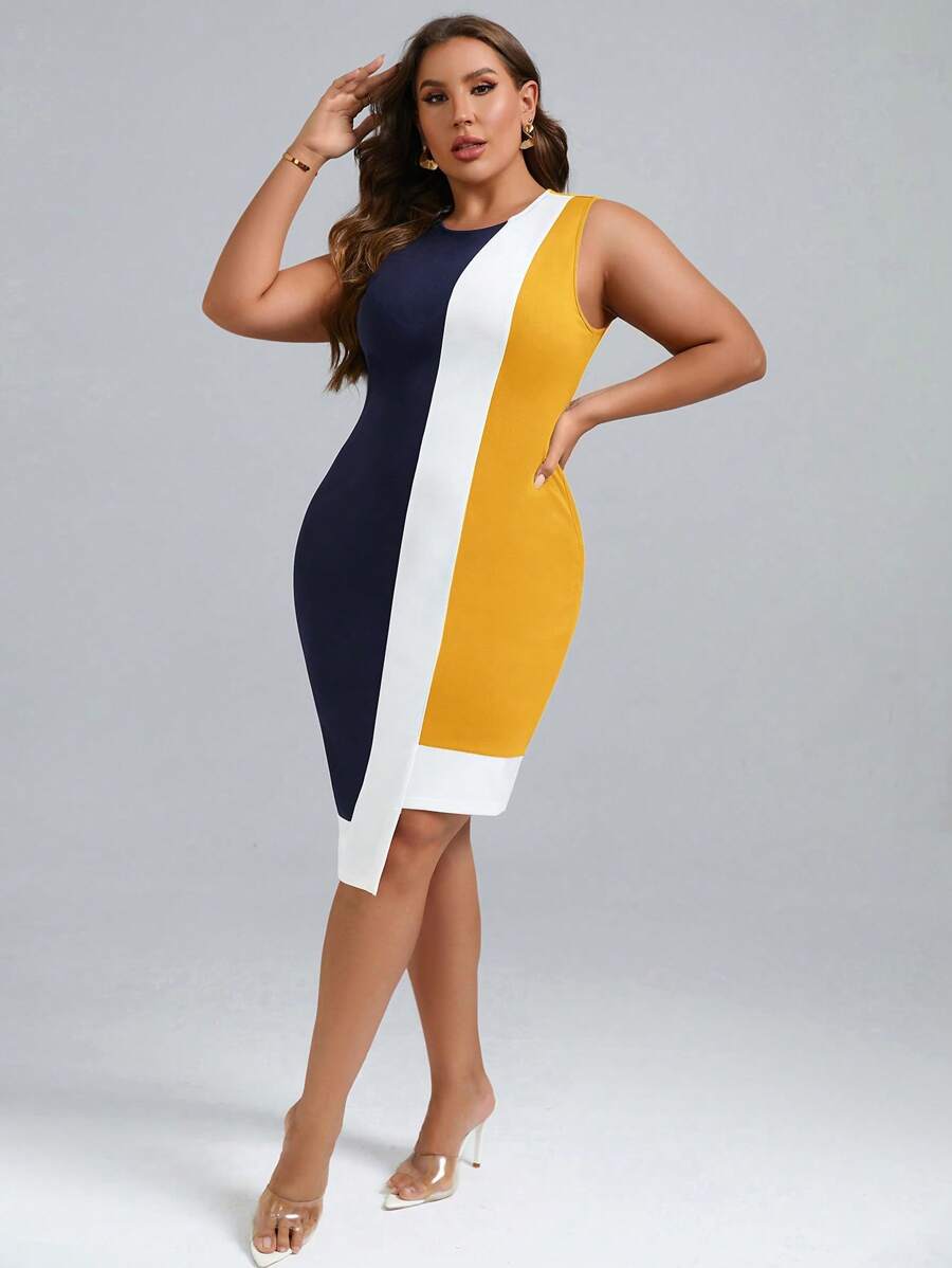SHEIN Clasi 大碼撞色不對稱下擺緊身連衣裙 - 黃色 - 查看 1