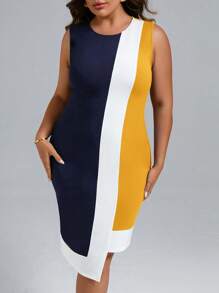 SHEIN Clasi 大碼撞色不對稱下擺緊身連衣裙 - 黃色 - 查看 6