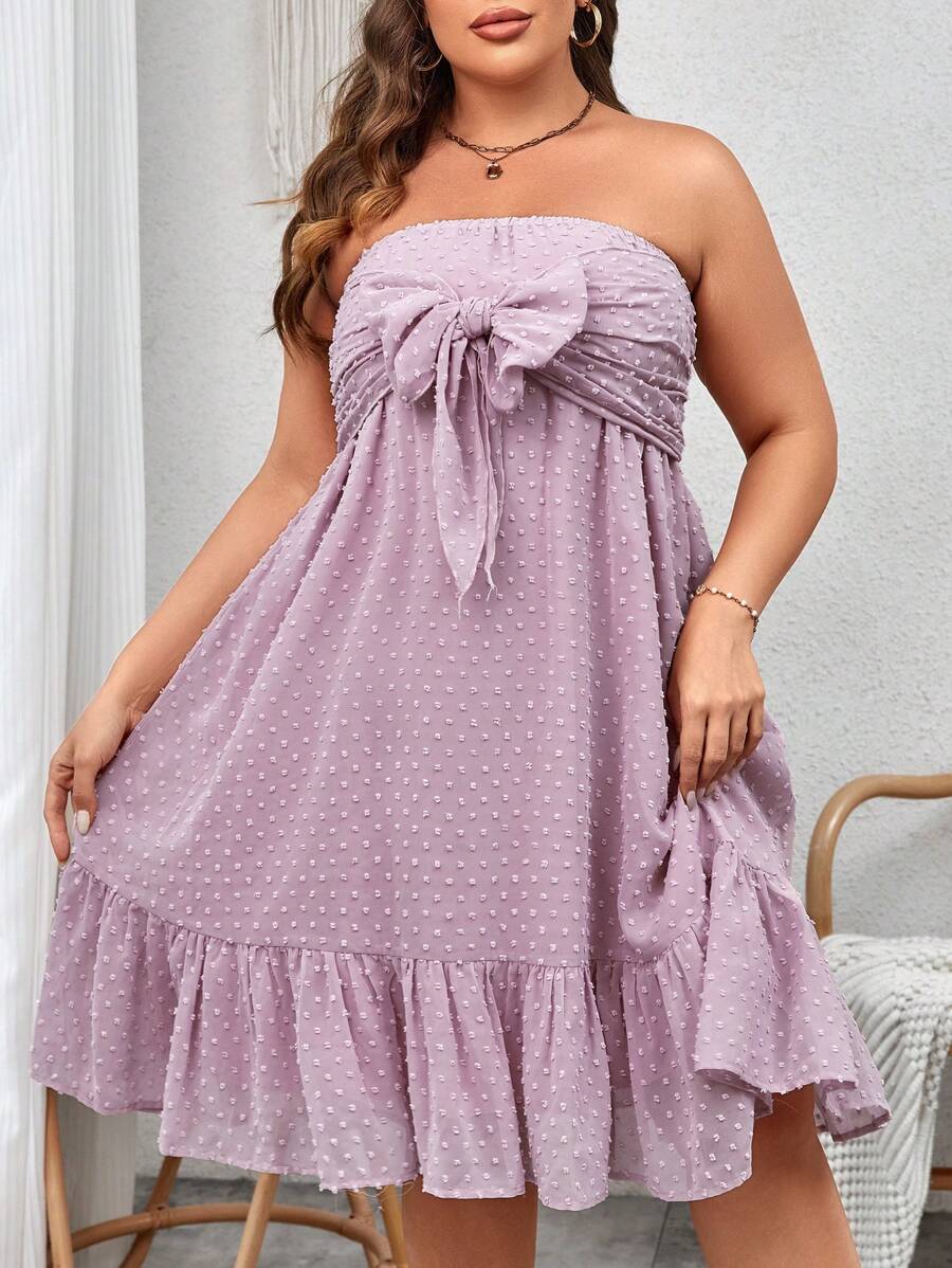 SHEIN VCAY Plus Swiss Dot Knot Front Ruffle Hem Tube Dress