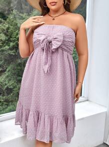 SHEIN VCAY Plus Swiss Dot Knot Front Ruffle Hem Tube Dress