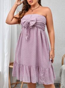 SHEIN VCAY Plus Swiss Dot Knot Front Ruffle Hem Tube Dress