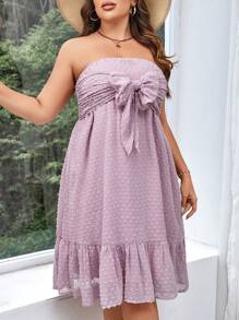 SHEIN VCAY Plus Swiss Dot Knot Front Ruffle Hem Tube Dress