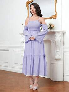 Modelyn Cold Shoulder Ruffle Hem Dress - Mauve Purple - View 3