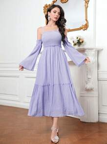 Modelyn Cold Shoulder Ruffle Hem Dress - Mauve Purple - View 4