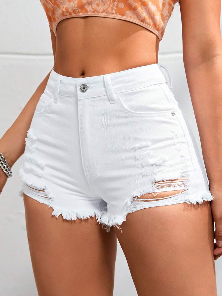 SHEIN EZwear Ripped Raw Hem Denim Shorts - White - View 4