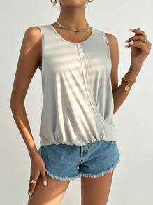 SHEIN Essnce Chất rắn Chi tiết Nút Áo ba lỗ - Xám - Xem 1