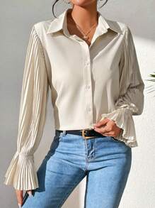 Chiquease 百褶荷葉袖前紐扣襯衫 - 杏色 - 查看 1