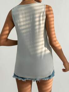 SHEIN Essnce Chất rắn Chi tiết Nút Áo ba lỗ - Xám - Xem 2