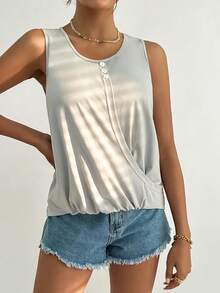 SHEIN Essnce Chất rắn Chi tiết Nút Áo ba lỗ - Xám - Xem 3