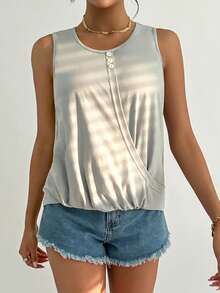 SHEIN Essnce Chất rắn Chi tiết Nút Áo ba lỗ - Xám - Xem 4