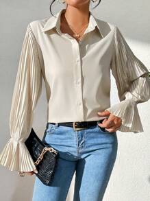 Chiquease 百褶荷葉袖前紐扣襯衫 - 杏色 - 查看 4