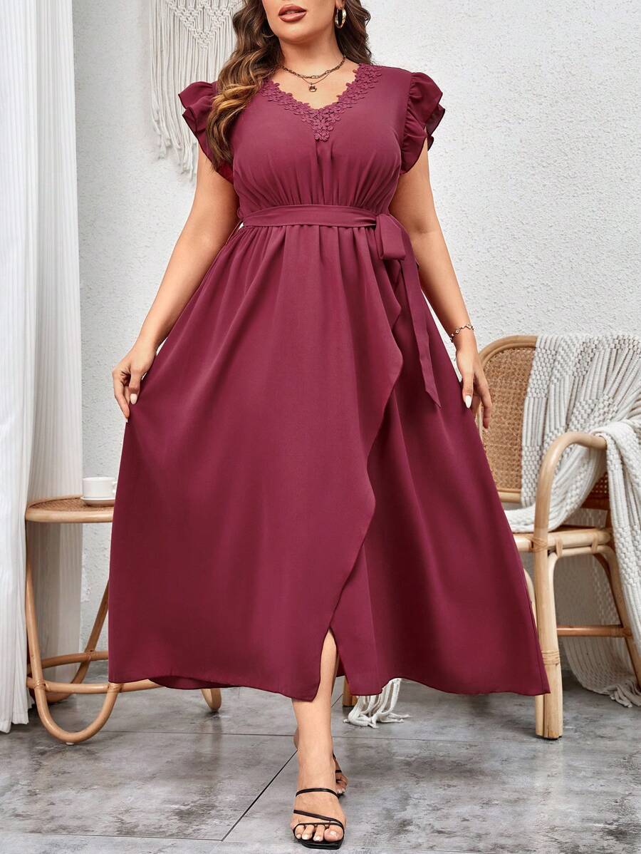 SHEIN VCAY Hơn áo tay bướm Thắt lưng Váy Wrap Hem - Màu Hoa hồng đỏ - Xem 1
