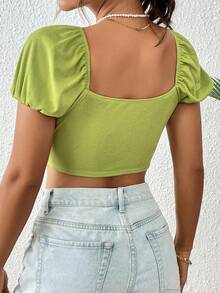 SHEIN VCAY Camiseta crop con cordón delantero pecho con fruncido bajo asimétrico - Verde Lima - Ver 2