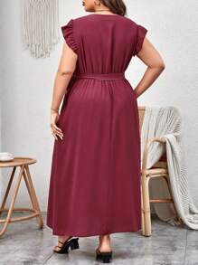 SHEIN VCAY Hơn áo tay bướm Thắt lưng Váy Wrap Hem - Màu Hoa hồng đỏ - Xem 2